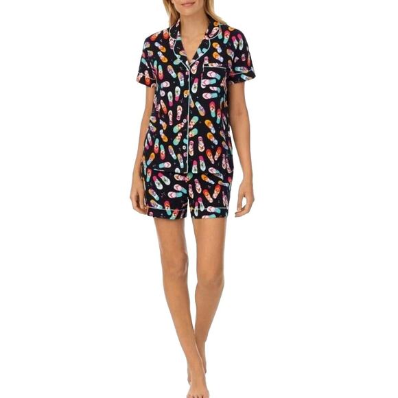 Cuddl Duds Pajama Top Shorts Set Womens Sz S Black Tropical Flip Flops Floral - Picture 2 of 12